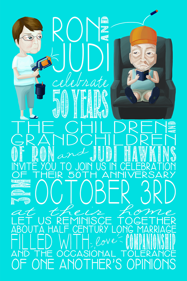 a colorful illustration of an older woman with short brown hair firing a nerf gun at an older man wearing a trucker hat, sitting in a lazy boy chair reading a book, with text below containing information about the time and date of stephanie's grandparent's 50th anniversary party