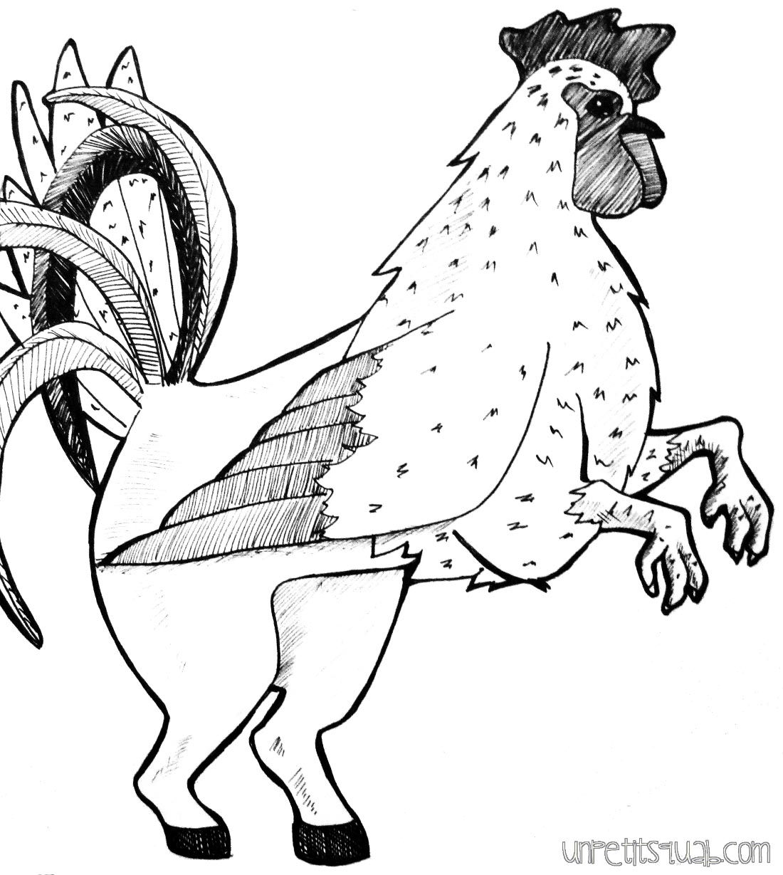 a line drawing of something resembling a hippogriff, but with the bird part as a chicken instead of an eagle