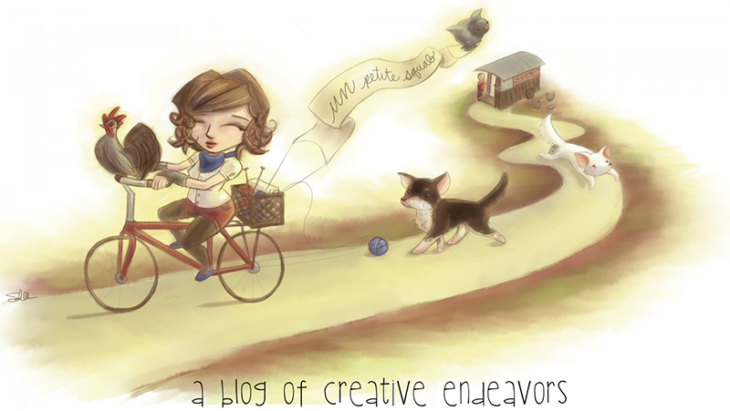 an illustration of stephanie riding a bicycle down a road. There is a small grey rooster on her handle bars and yarn trailing out of a basket attached to the back of her bike. There is a fat pigeon holding a banner also attached to her bike with the words 'un petit squab' written on it. She has two dogs following her down the path, and at the end of the path is a tiny house on a trailer with her partner, Jason and a few more chickens next to it. There is text at the bottom of the illustration that reads, 'a blog of creative endeavors.'