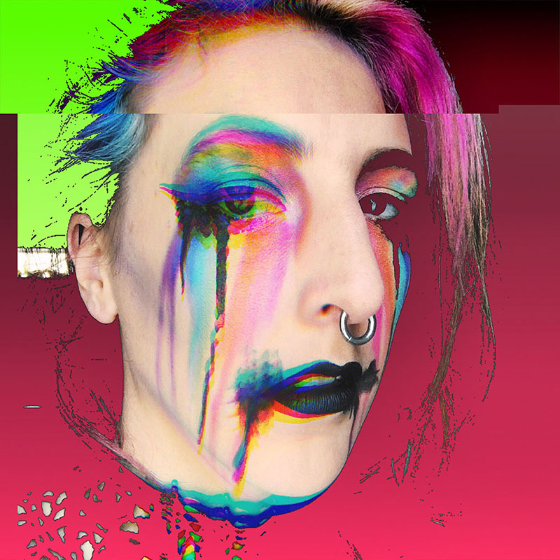 a glitched selfie, stephanie wearing dripping rainbow and black makeup with hot pink and neon green gradients radiating from opposite corners, and some channel splitting to make her face appear multiple times.