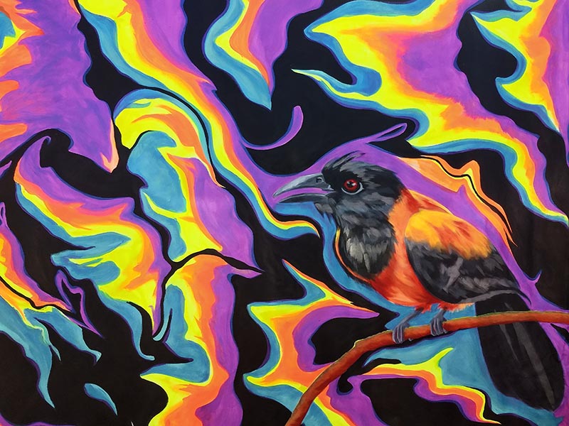 the same bird painging, but with psychedelic black, yellow, orange and blue swirls around it