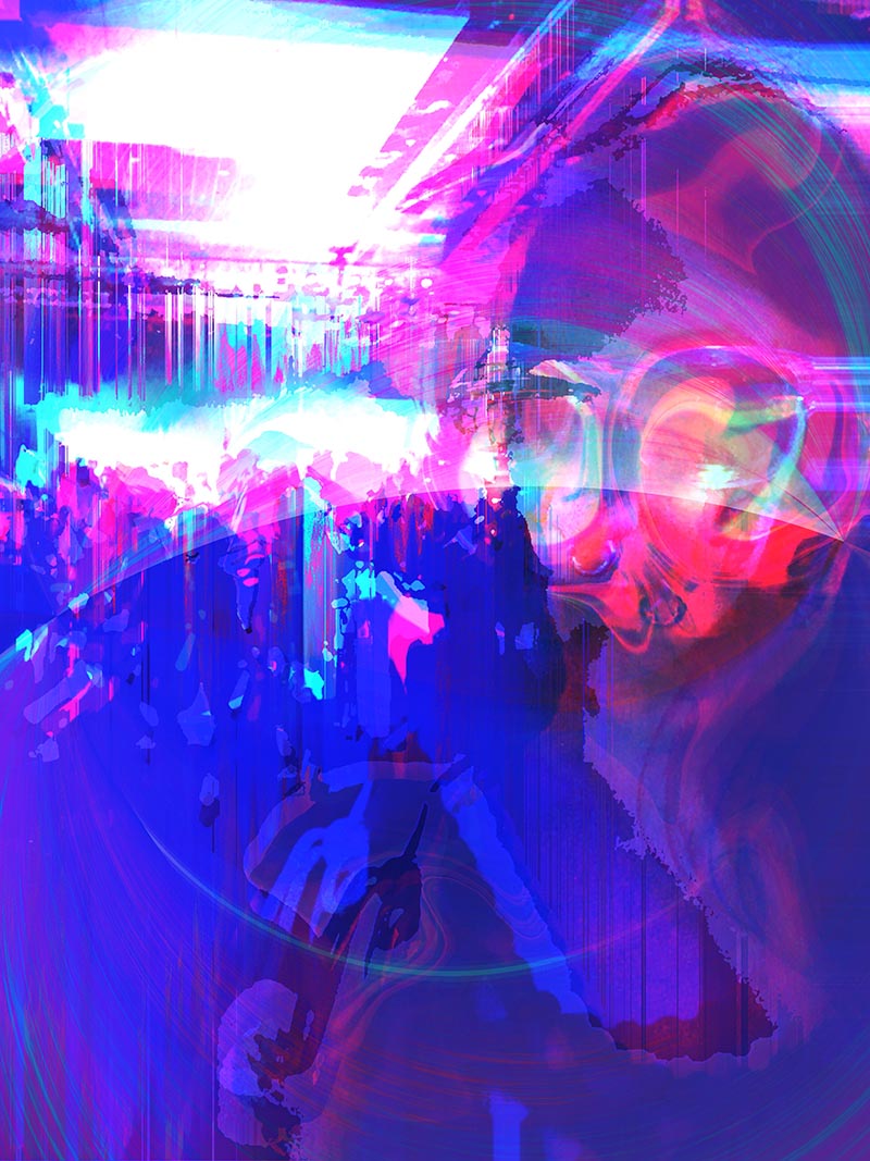 a swirly glitched portrait with bright blue and fuschia overlays