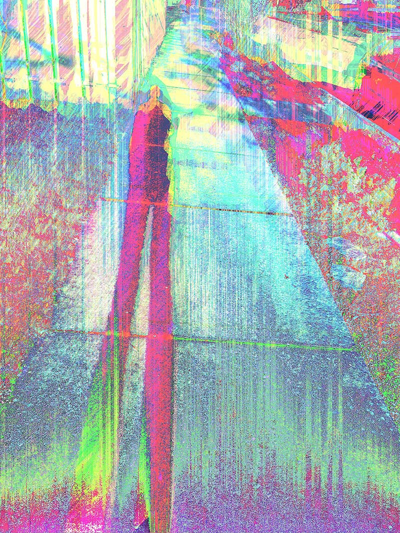 a pastel toned glitch art that features painterly like pixel sorting. The image is of a sidewalk and a person's shadow cast down towards the left side.