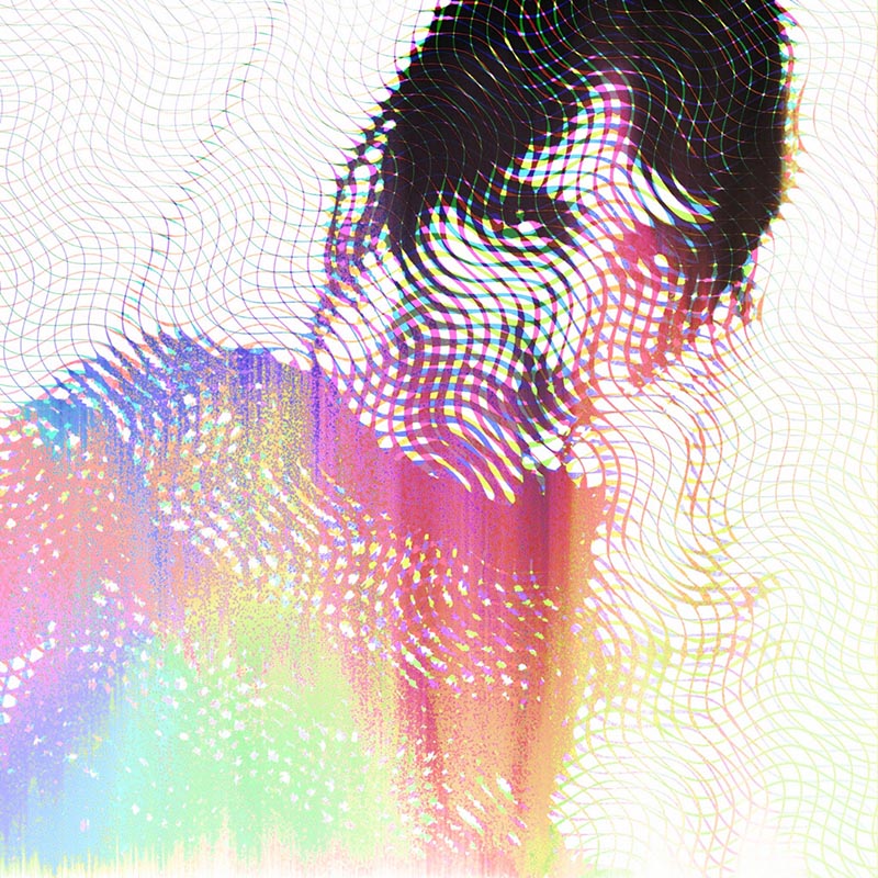 a sharply contrasted portrait created from wavy lines that is half rainbow, half black and white