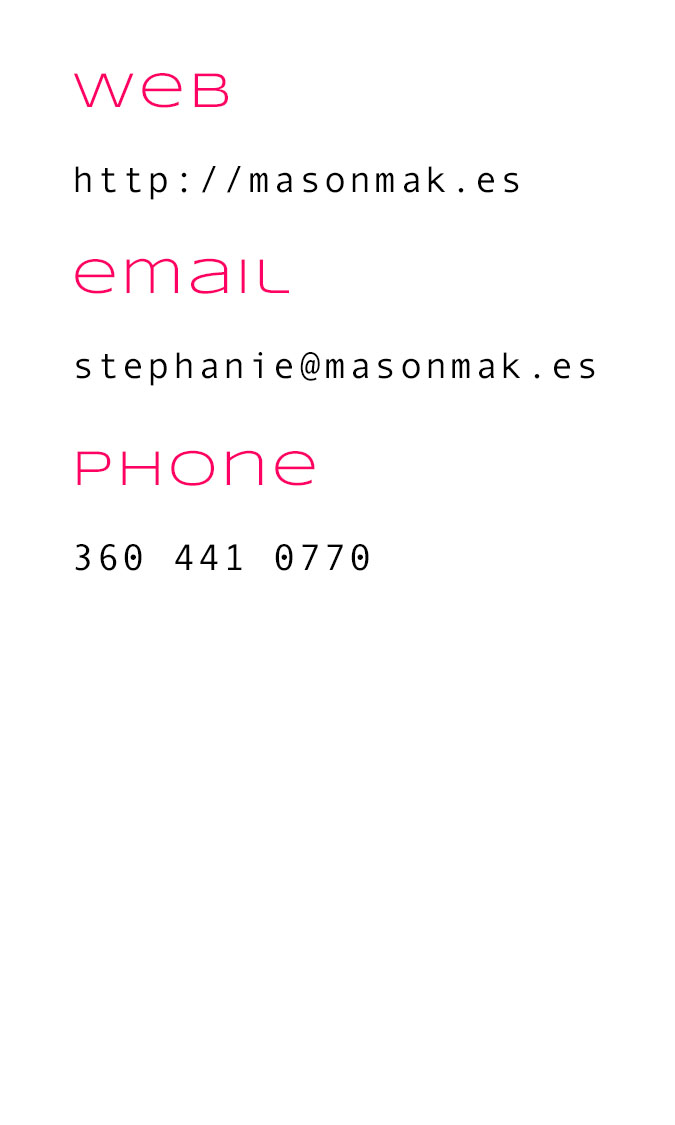 the back of the business card, with the headings web, email, and phone highlighted in pink and the info under each heading in black. (That info can be found in the contact section of the menu on this site)