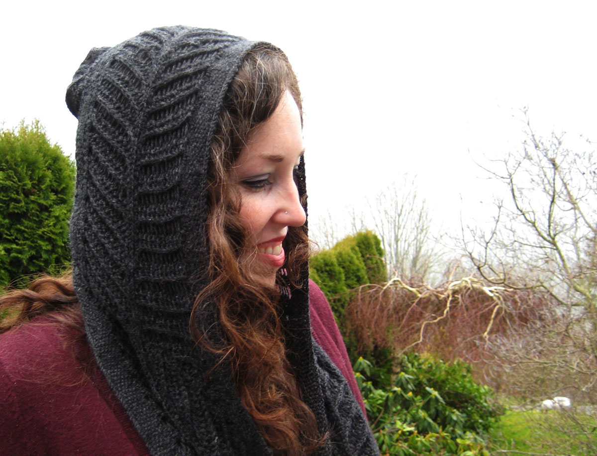 a cabled, hooded scarf