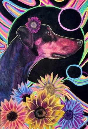 Profile of a Doberman Pinscher surrounded by flowers, with a lot of blues and purples in her black fur