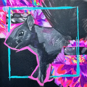 a black squirrel surrounded by neon flowers and glitchy effects