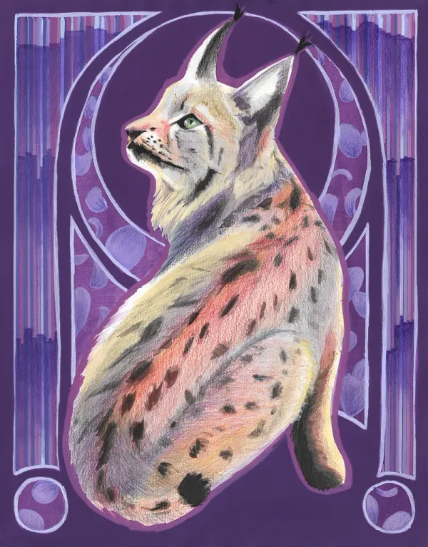 An orange sorbet colored bobcat looking over its shoulder on a purple art nouveau style background containint pixel sort effects