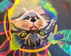 A tabby cat laying in grass with a colorful halo backlit by leds