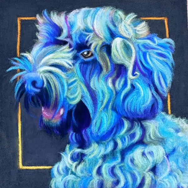 Poodle rendered in blues, purples, and teals