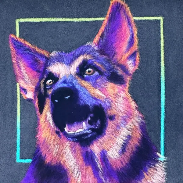 German shepherd dog with vibrant pink and orange fur