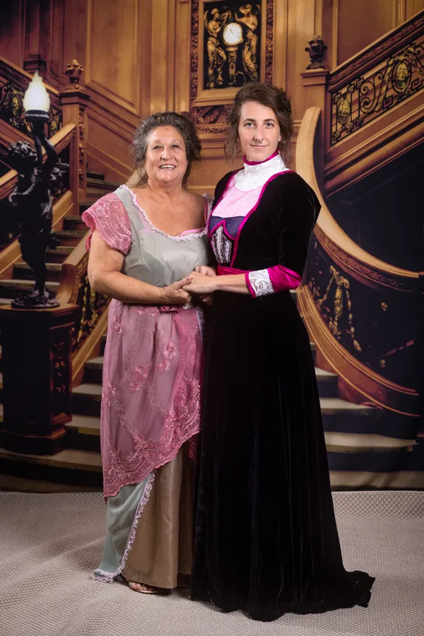 Stephanie and her mom at Costume College wearing gowns