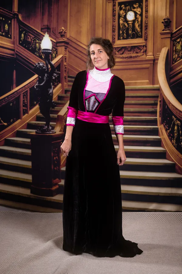 Front view of gown, with light up beaded bodice