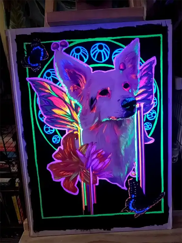 portrait under uv light, where the wings, some details in the fur and flowers glow in neon rainbow colors