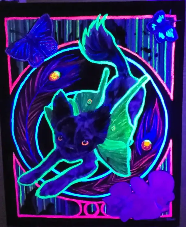 painting under blacklight, where the background border lines glow pink and green