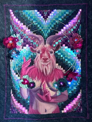 A pink goat-headed woman over a swirling, pixelated quilt background that lights up, surrounded by crochet light up flowers
