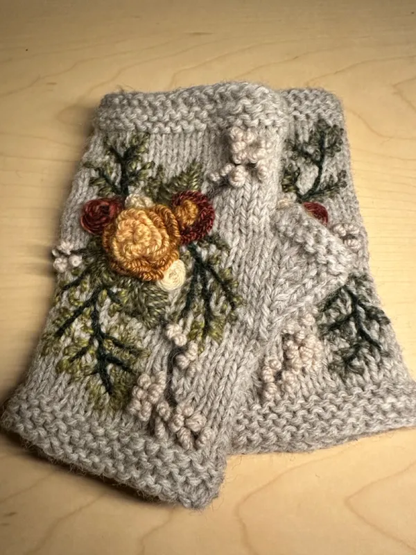Warm gray short fingerless mitts with three-dimensional yellow and orange rose embroidery
