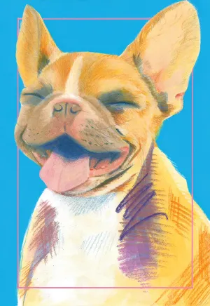 Bright orange French Bulldog with a closed eyed smile on a light blue background