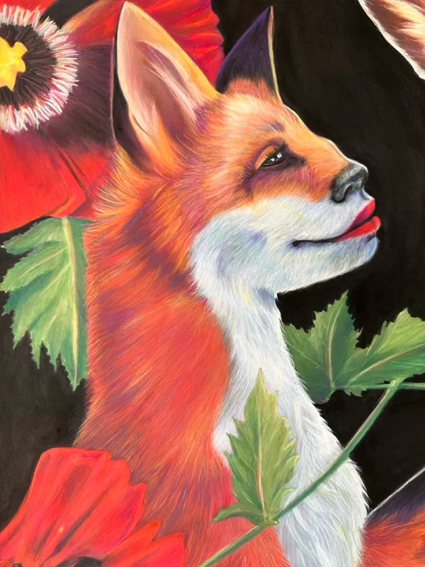 Closeup of left fox, which is in profile with a prominent human nose