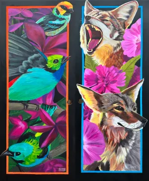two sides of a door, one side with colorful tanagers and the other with two coyotes, both sides with bright pink flowers
