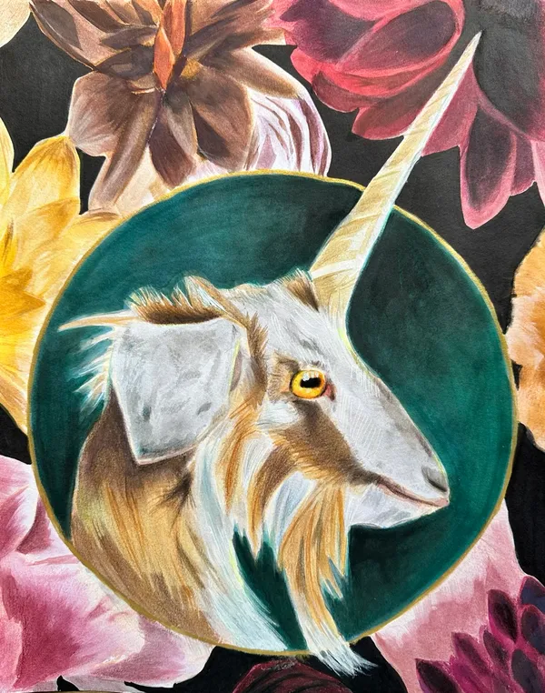 A unicorn goat with golden fur and eye in profile surrounded by brown toned florals