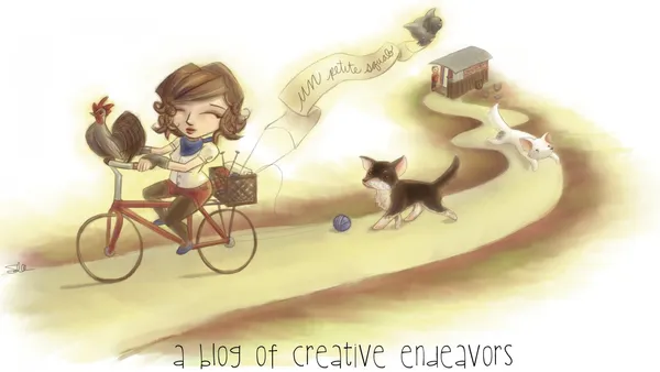 Illustration of Stephanie riding a bike with a small chicken on the handlebars, a sewing machine and knitting supplies in a basket on the back, followed by her dogs Franki and Callipe, with a tiny house and Jason in the background