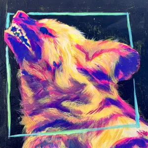 African wild dog in the middle of sneezing, rendered in neon purple, pink and yellow