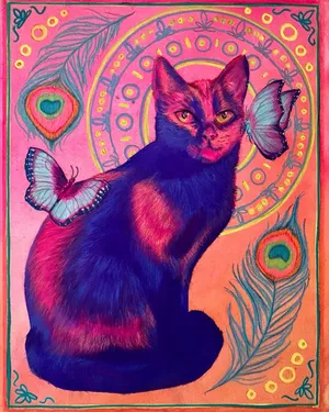 Black cat rendered on a bright orange and pink background, with flower and feather details