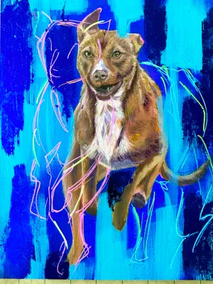 A small tan pitbull mix running towards the viewer, surrounded by neon and metalic blue abstractions