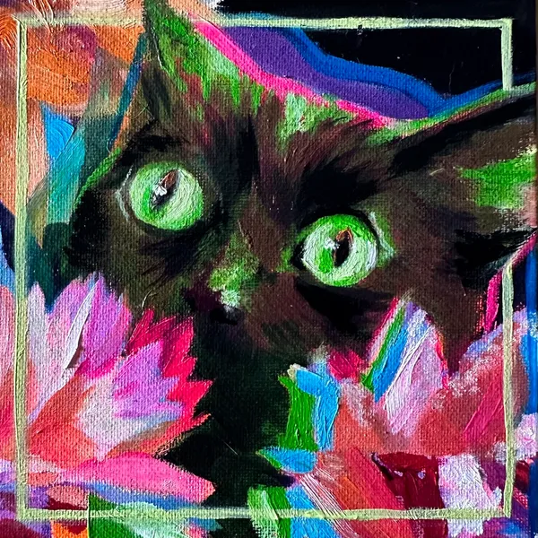 startled cat in oil on canvas, the cat has a green cast and is surrounded by pink and orange flowers