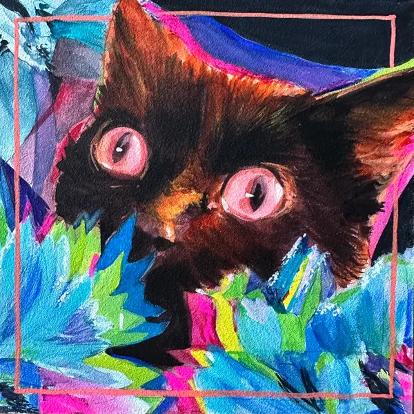 same cat in watercolor on aquabord, the cat has an orange cast to its fur and is surrounded by neon green and turquoise flowers