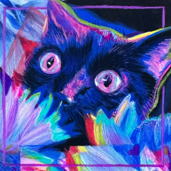 same cat in soft pastel, this time the cat has a blue and purple cast to its fur and is surrounded by lavender flowers