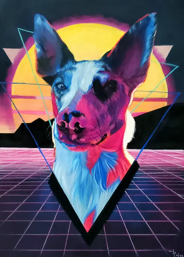 A merle border collie mix with dramatic lighting against a synthwave sunset