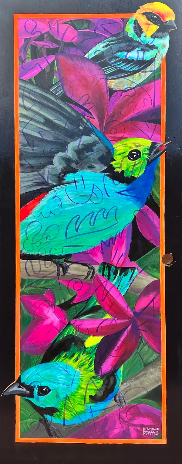 the tanagers with a dark blue doodle grid leaking through