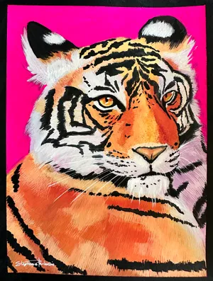 Bright orange tiger against a neon pink background