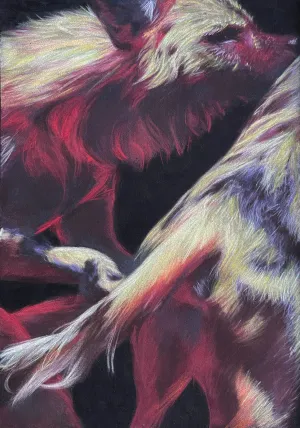 close up view of two African Wild Dogs playing, rendered in soft greens, yellows, and vibrant red