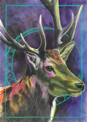 A buck lit with eerie purple and green light on a purple watercolor background surrounded by a teal border
